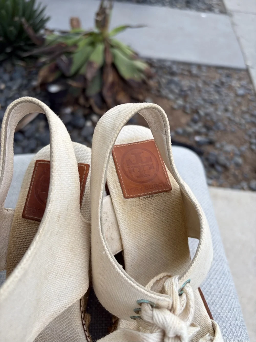 Tory Burch Cream Canvas Espadrille Wedge Sandals Size 8